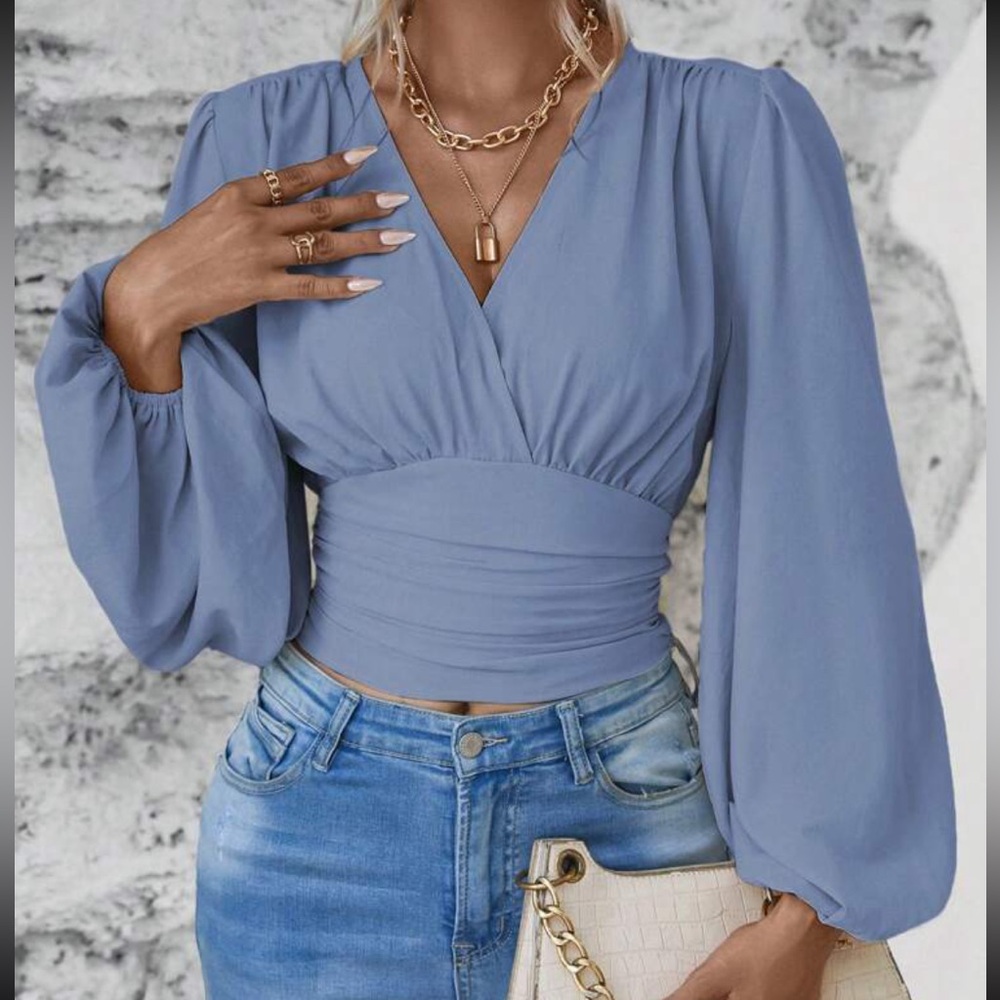 Boho Classic Elegant VNeck Pleated Smocked Long Sleeve Cropped Top Blouse Shirt - Picture 6 of 12